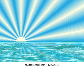 sunrise above calm sea, vector illustration without gradients and transparencies