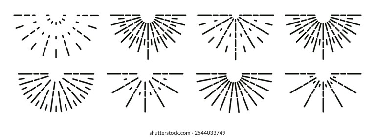 Elementos abstractos del amanecer. Sunburst, marcos de sol naciente, luz del sol dibujado a mano conjunto de Ilustración vectorial plana. Símbolos de los rayos del sol en el fondo blanco