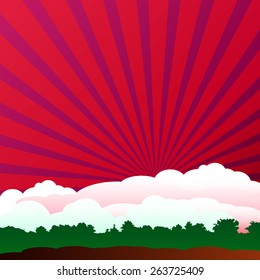 Sunrise after clouds on forest land. Vector illustration. 