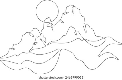 Sunrise against the background of high mountains. Beautiful mountain landscape. Sunset in the mountains. Sun . One continuous line. Line art. Minimum one line. White background. One line drawing.