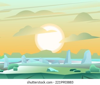 Sunrise in arctic ice and glaciers. Winter landscape. Harsh cold nature. Snow and ice frost. Cartoon fun style. Flat design. Vector