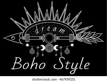 Sunrise arrow with sun and moon medallions. Boho chic style.