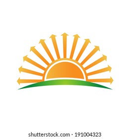 Sunrise with arrows. Concept that represents a new day or directions in life or summer season. Vector image