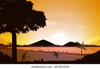 Sunrise Asian Farmer Paddy Rice Field Agriculture Nature Illustration