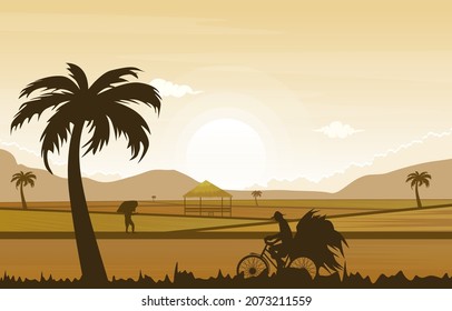 Sunrise Asian Farmer Paddy Rice Field Agriculture Nature Illustration