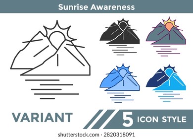 Sunrise Awareness icon symbolizing mindful mornings, fresh beginnings, meditation, and positive daily rituals. Line, Filled, Color, Dualtone style.
