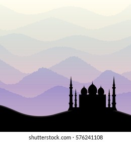 Sunrise background with mosque silhouette. Vector illustration.