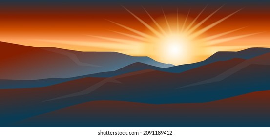 Sunrise background. Mountains silhouette with sunset light. Vector illustration