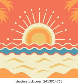 Sunrise background with a split sun, various layers of colors with points at the end of its rays, and vector-made waves in different colors and thicknesses