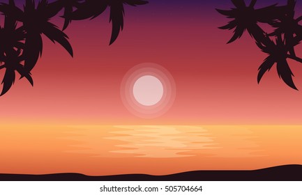 At sunrise beach scenery of silhouettes vector flat