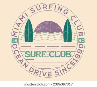 Sunrise at the beach. Surfing board. Miami surfing club. Ocean wave graphic t-shirt artwork. Paradise t shirt graphics design, typography slogan on palm trees background. Ocean drive vector design. 