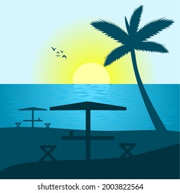 Sonnenaufgang am Strand, Vektorgrafik. Sommerstrand, Vektorgrafik mit Palmen. 