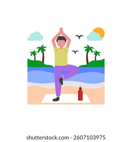Sunrise Beach Yoga Session Flat Vector Illustration