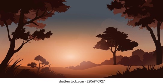 Amanecer en un hermoso paisaje forestal. Ilustración de la naturaleza del vector