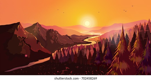 Sunrise in beautiful mountains with river and forest. Vector illustration for your design