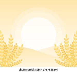 Amanecer detrás del paisaje montañoso con trigo dorado de color mínimo y suave. Ilustración gráfica plana vectorial.