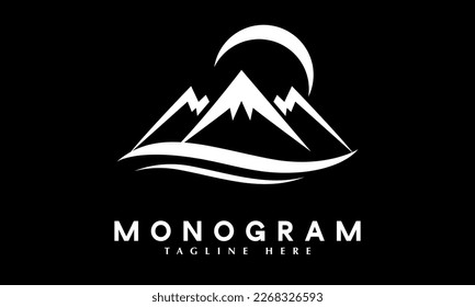 Sunrise detrás de las montañas con el río frente abstracto monograma modelo de logotipo vectorial