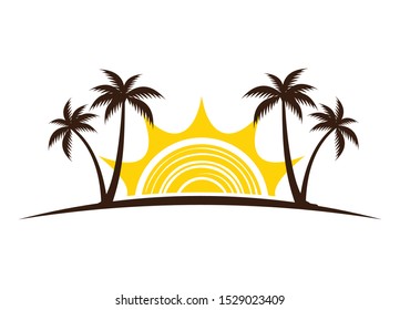 sunrise between coconut tree for tour and travel vector logo design template