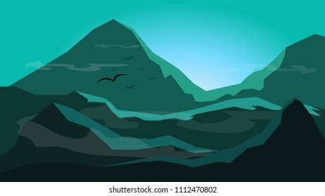 sunrise between mountain with fog;silhouette flat background design in monotone;adventure in holiday