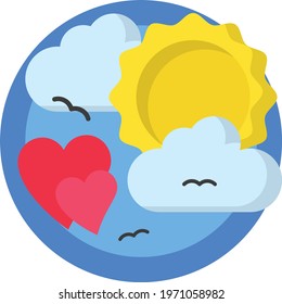 Sunrise and Birds with Clouds Concept, Fresh Morning View Vector Color Icon Design, Nature Lover Symbol, Heart in nature Stock illustration, Beautiful Landscape scenery Ideas in Round Shape,