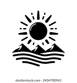Sunrise black icon. Sunrise or sunset icon on mountains background. Vector illustration