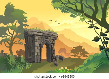 Sunrise by   hillside  ancient gate â?? remains of bygone era