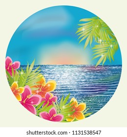 Sunrise card with hibiscus flowers and palms , vector illustration