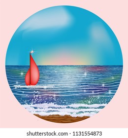 Sunrise card with scarlet sails , vector illustration
