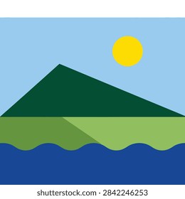 Sunrise casting golden light on a verdant mountain with a clear blue sky