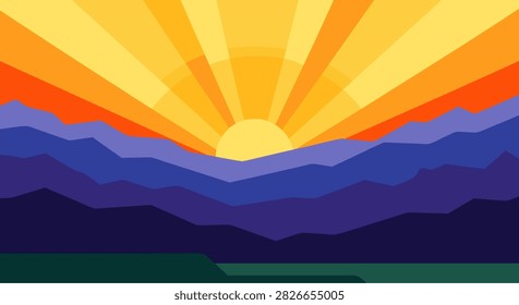 Sunrise casting rays over layered mountain silhouettes and valley.