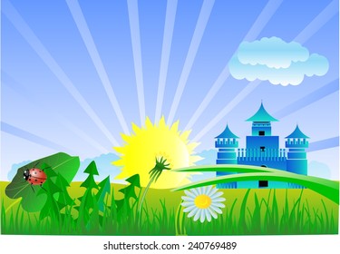 Sunrise and castle in green field