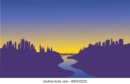 Sunrise city on the river with purple background