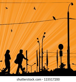 Sunrise in the city. Vector illustration.