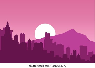 sunrise in a cityscape with mountains, vector purple background