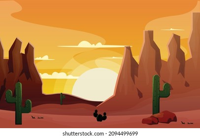 Sunrise Cliff Desert Country Cactus Travel Vector Flat Design Illustration