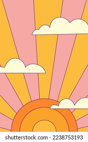 Sunrise and clouds in trendy retro cartoon style. Vintage vector background in 1960-1970s style. Poster, banner, card groovy template.