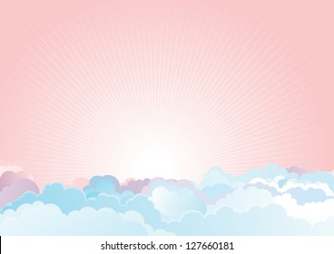 Sunrise in the cloudy sky. Vector color horizontal background of cloudy sky