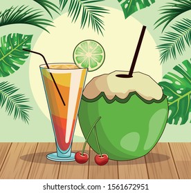 sunrise cocktail and coconut drink over tropical leaves and retro style background, colorful design , vector illustration