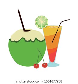 sunrise cocktail and coconut drink over white background, vector illustration