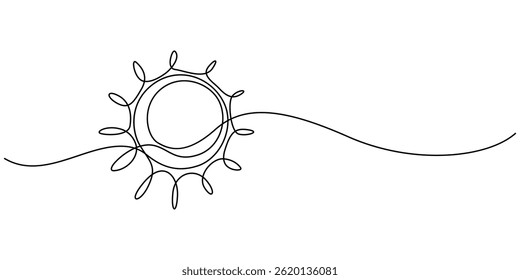 sunrise continuous one line drawing, Sun continuous one line art drawing. Summer sun contour line sign. Vector illustration isolated on white background, Doodle art drawing, shining linear sunny icon.