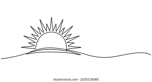 sunrise continuous one line drawing, Sun continuous one line art drawing. Summer sun contour line sign. Vector illustration isolated on white background, Doodle art drawing, shining linear sunny icon.