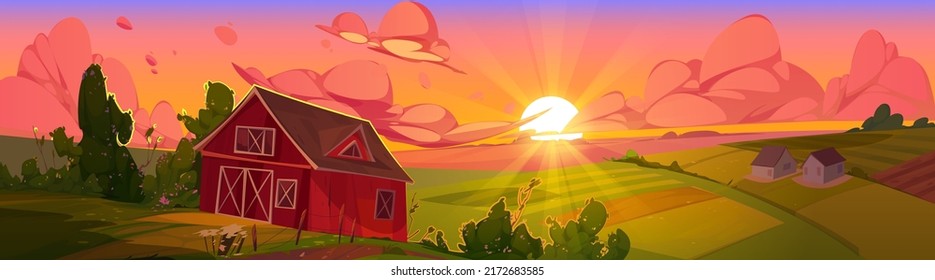 Sunrise countryside landscape with farm barn, agriculture field and houses in fall. Vector cartoon illustration of rural morning scene, farmland with granary, road, fence in orange sun beams