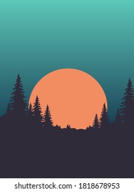 sunrise with dark sky behind silhouette of pine trees landscape background. vector-illustration flat design. 