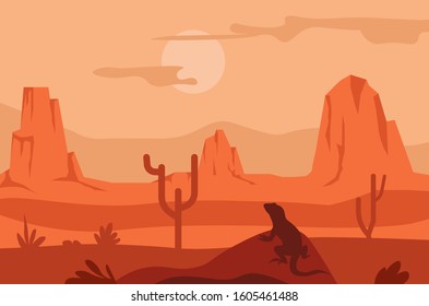 Sunrise in desert, cacti and lizard silhouette, Texas landscape