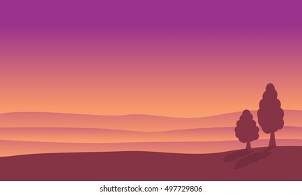 At sunrise desert landscape of silhouettes vector