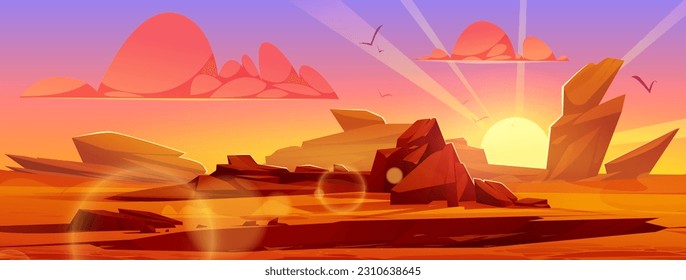 Paisaje del desierto al amanecer bajo el sol abrasador en un cielo naranja. Dibujo vectorial de cañón rocoso, acantilados y arena, acantilado rojizo caliente, territorio salvaje con piedras y aves voladoras. Fondo del juego