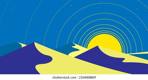 Sunrise in the desert, light comes from the sun, purple blue and yellow colors, vector image