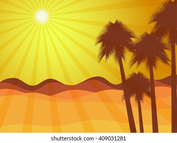 Sunrise in the desert with palm tree. Desert landscape. Vector illustration.