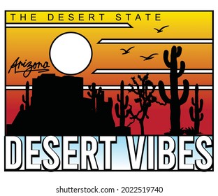 Sunrise desert vibes cactus t shirt graphic print design. Arizona desert state joshua tree artwork.