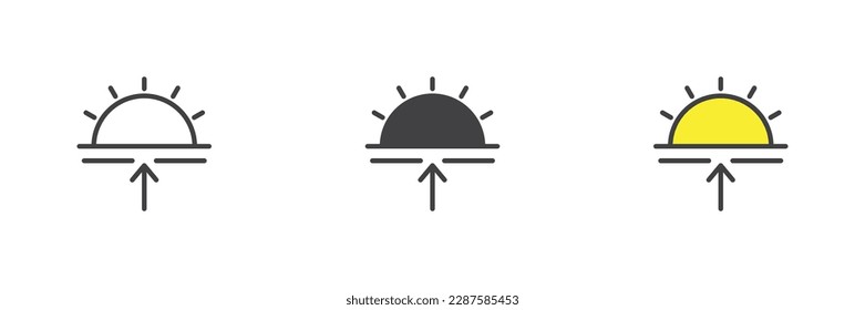 Sunrise different style icon set. Line, glyph and filled outline colorful version, rising sun outline and filled vector sign. Symbol, logo illustration. Vector graphics